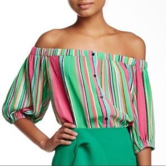 TOV Los Angeles Striped Guaze Off Shoulder Top Size 42/Large - Picture 2 of 7
